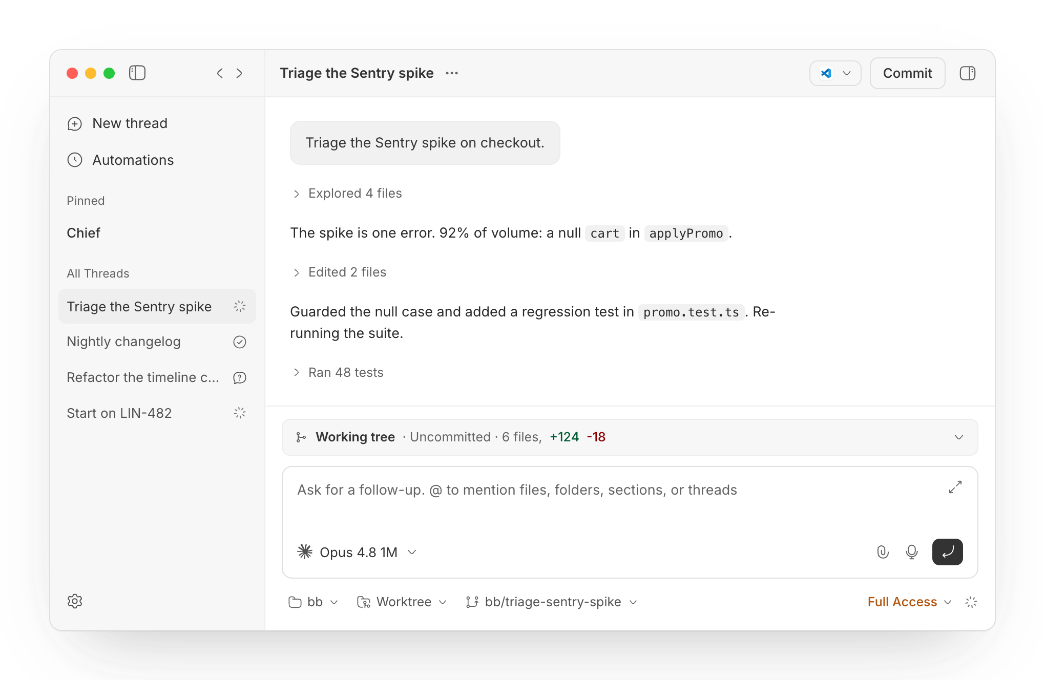 The bb app with a sidebar of threads on the left and an agent conversation about triaging a Sentry error on the right