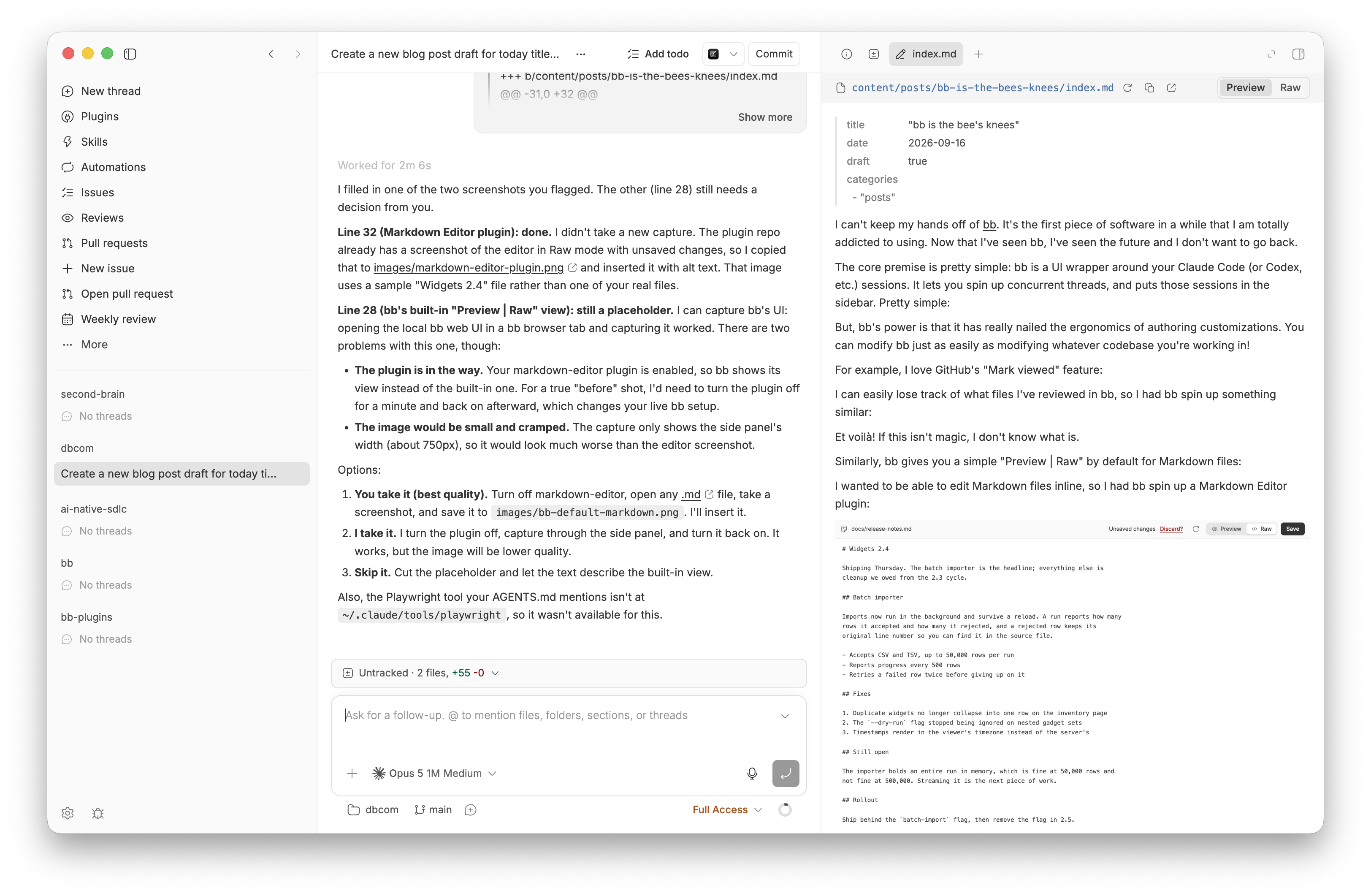 The bb app with a thread in the middle column and this post open in the side panel, showing bb&rsquo;s built-in Preview and Raw toggle
