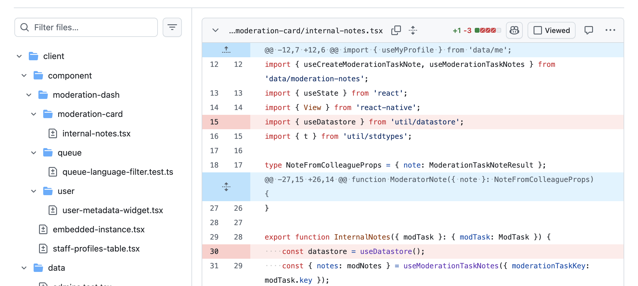 A GitHub pull request diff with a file tree on the left and a &ldquo;Viewed&rdquo; checkbox in the file header