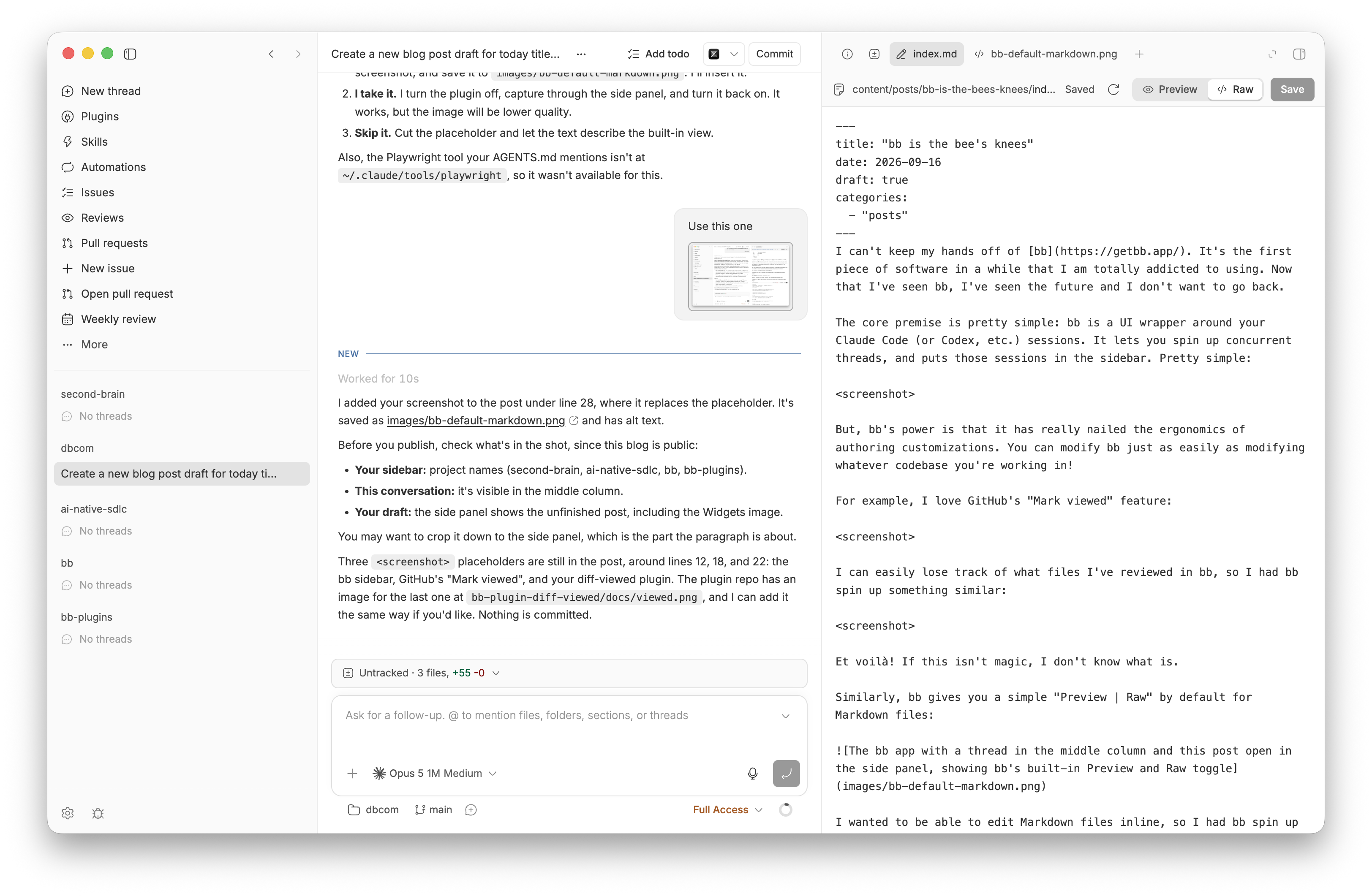 The bb app with the Markdown Editor plugin enabled, showing this post in Raw mode in the side panel with a Save button